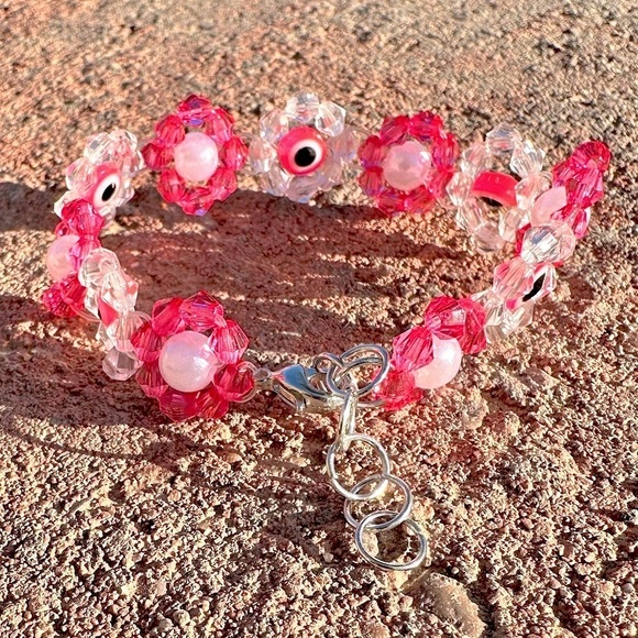 Pink and White Floral Beaded Evil Eye Bracelet with Silver Colored Accents - Picture 2 of 5